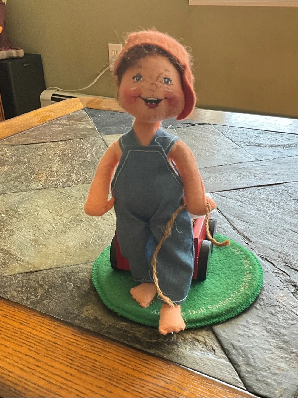 Annalee Vintage Pull Doll in Blue Overalls with Pink Hat